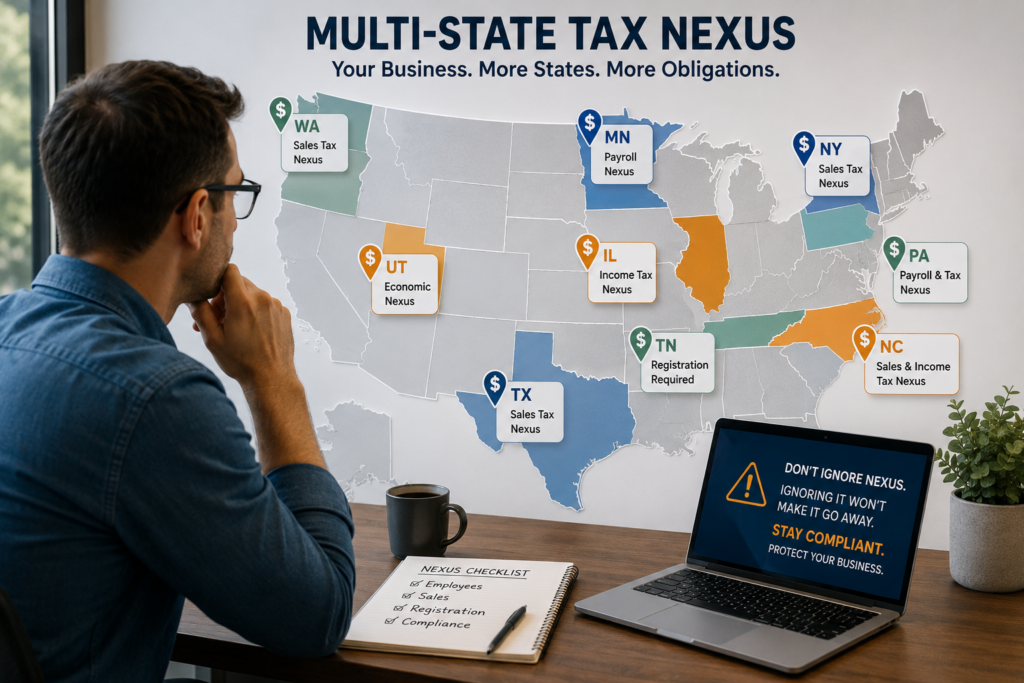 Business owner reviewing a U.S. map showing multi-state tax nexus obligations and state tax compliance requirements.