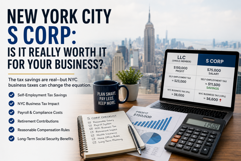 New York City S Corp tax comparison showing LLC versus S Corporation savings, NYC business taxes, payroll costs, and self-employment tax considerations.