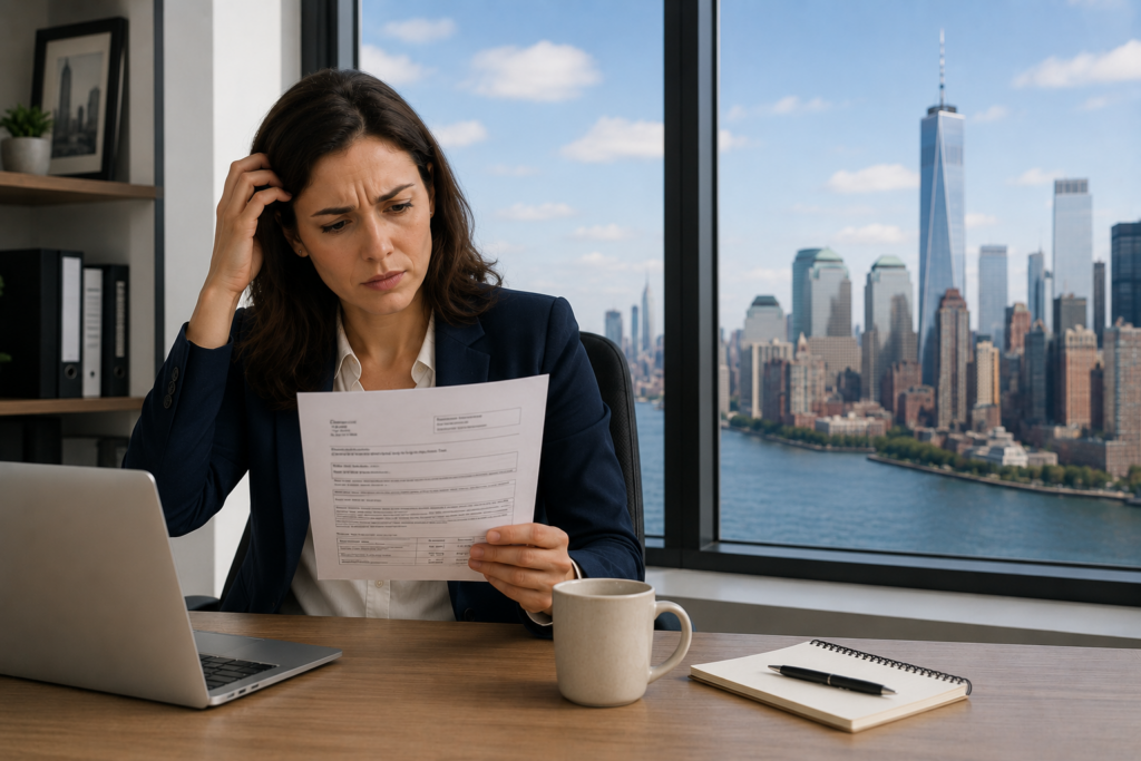 New York City small business owner reviewing sales tax compliance requirements and tax documents