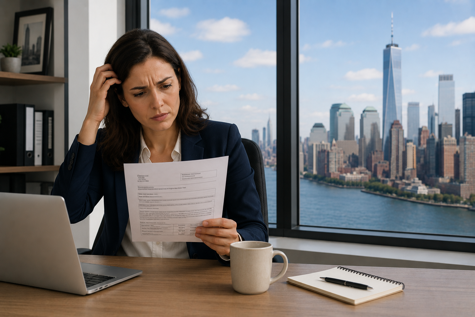 New York City small business owner reviewing sales tax compliance requirements and tax documents