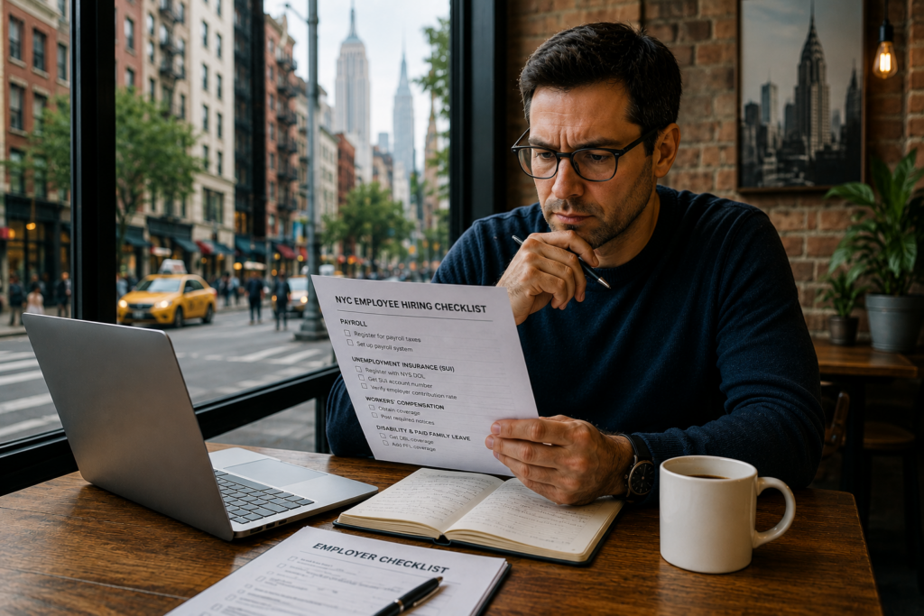 Small business owner reviewing an NYC employee hiring checklist for payroll, insurance, and onboarding requirements