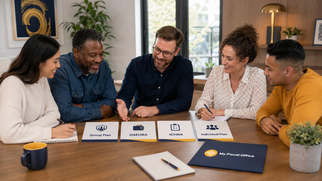 Small business health insurance options being reviewed by an employer and employees