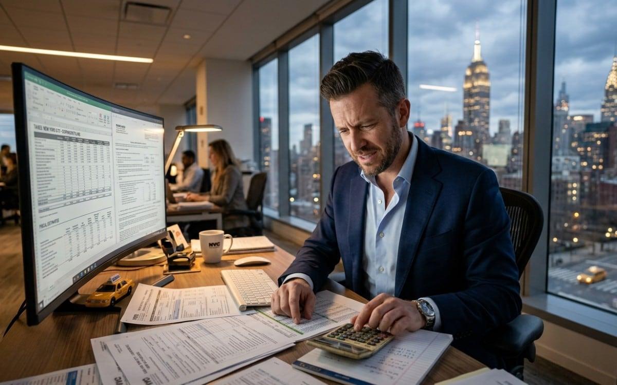 Reviewing an S corporation year-end payroll checklist in a New York City office.