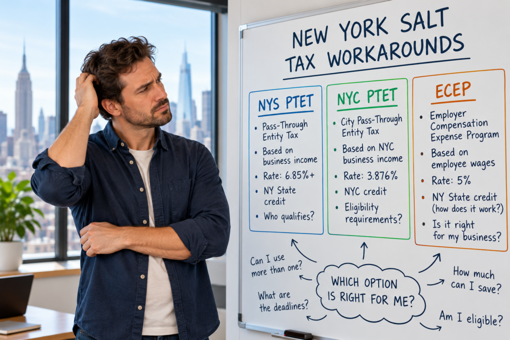 New York SALT tax workarounds comparing NYS PTET, NYC PTET, and ECEP for small business owners.