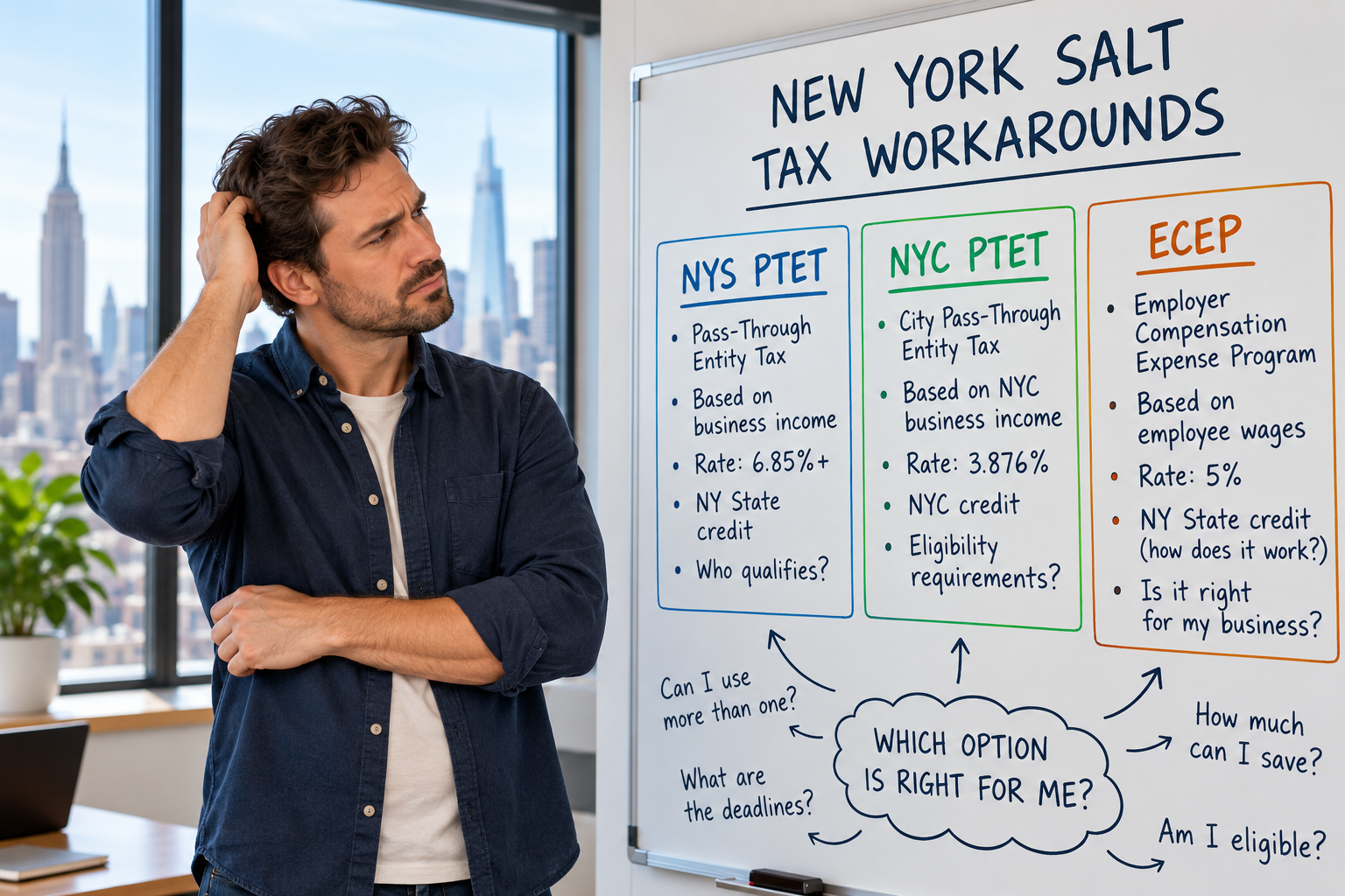 New York SALT tax workarounds comparing NYS PTET, NYC PTET, and ECEP for small business owners.